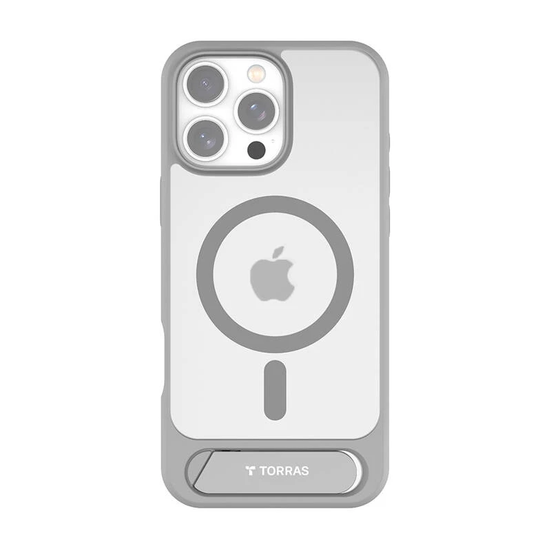 Apsauginis telefono dėklas Torras Pstand Series, skirtas iPhone 16 Pro Max, pilkas, plonas profilis su integruotu stovu