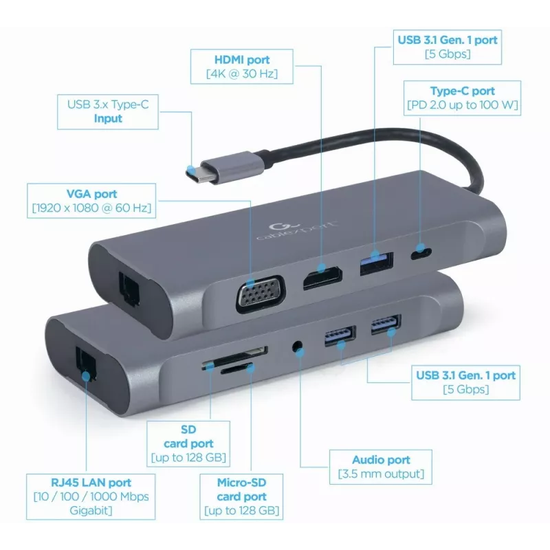 Gembird A-CM-COMBO7-01 nešiojamojo kompiuterio dokas / prievadų replikatorius USB 3.2 Gen 1 Type-A pilkas