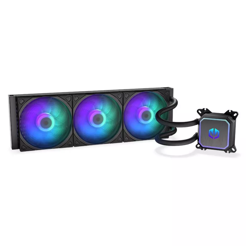 Viskas viename skysčio aušintuvas ENDORFY Navis F360 ARGB Juoda — 360 mm radiatorius, 3x 120×25 mm ventiliatoriai, 250–1800 aps./min., siurblys 1600–2600 aps./min., LGA 1700/AM5/AM4 palaikymas