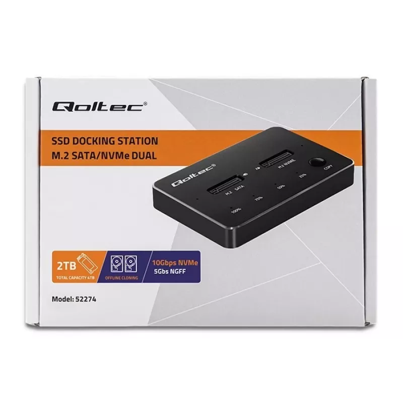 Qoltec 52274 M.2 SSD diskų prijungimo stotelė | NVMe | SATA | USB-C | DUAL 2 x 2TB