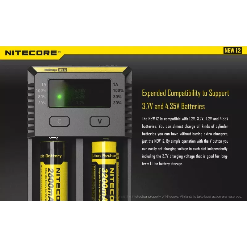 Baterijų įkroviklis Nitecore NEW i2 — 2 vietų įkroviklis LiFePO4, Li-Ion, NiMH; įėjimas 100–240 V; išėjimas 9–12 V; palaiko AAAA/C/D/AAA/AA; juodas