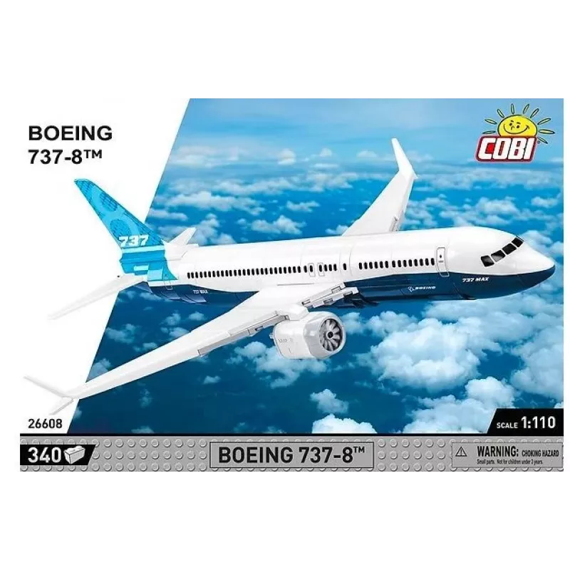 Statybinis rinkinys Cobi Boeing 737-8 — 340 detalių, rekomenduojamas amžius 7+, mėlyna ir balta