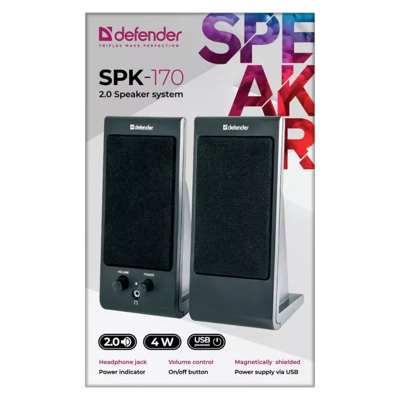 Staliniai / lentyniniai garsiakalbiai DEFENDER SPK-170 2.0, 4 W RMS, laidinis USB 5 V, 3,5 mm, juodi