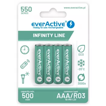 Įkraunamos AAA NiMH baterijos everActive EVHRL03-550 1.2V 550mAh pakuotėje 4 vnt., cilindrinės R03