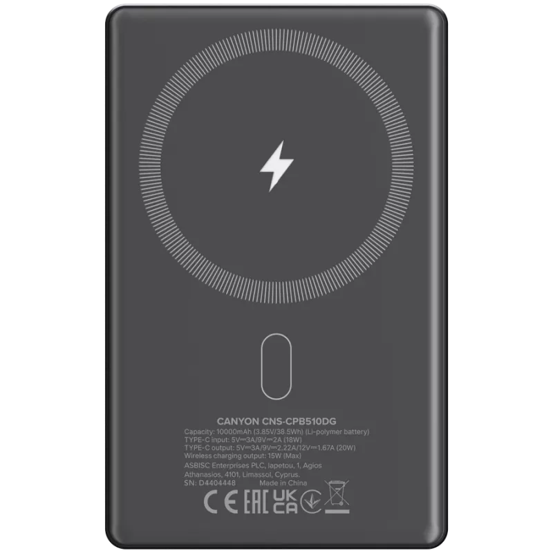 Canyon OnCharge 510 - Powerbank - 10.000 mAh - USB-C įėjimas - USB-C PD 20W išėjimas + belaidis magnetinis įkrovimas