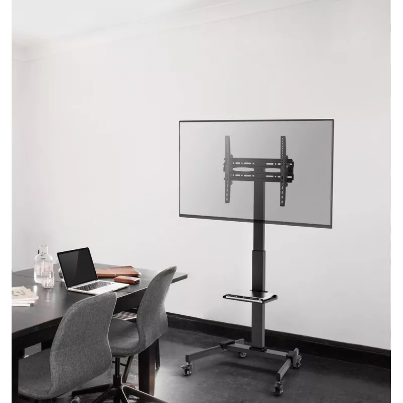 TV stovas GEMBIRD TVS-55T-01 32–55 colių televizoriams, plieninis, aukščio reguliavimas VESA 100x100–400x400, pakreipimas, ratukai, maks. apkrova 35 kg