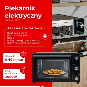 Elektrinė orkaitė Adler AD 6028 — 60 l, 2000 W, laisvai pastatoma, sukamieji valdikliai, grilio iešmas, maks. 230 °C, juoda