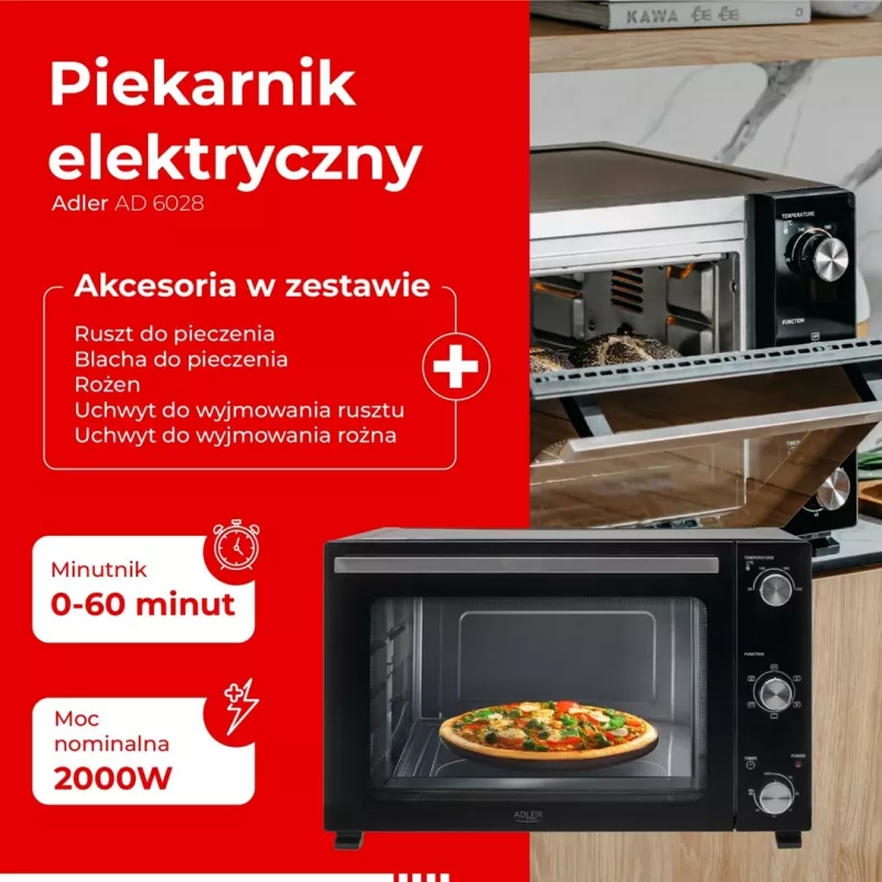 Elektrinė orkaitė Adler AD 6028 — 60 l, 2000 W, laisvai pastatoma, sukamieji valdikliai, grilio iešmas, maks. 230 °C, juoda