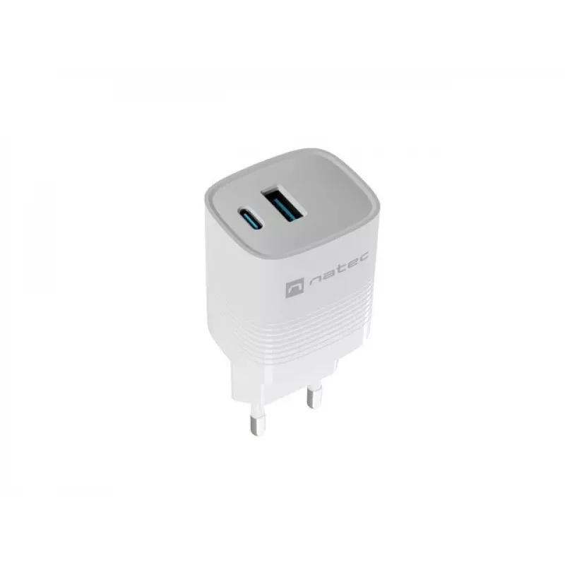 Laidinis mobiliųjų įrenginių įkroviklis NATEC NUC-2140, 30W, USB-C PD 3.0 + USB-A, Samsung AFC, Baltas