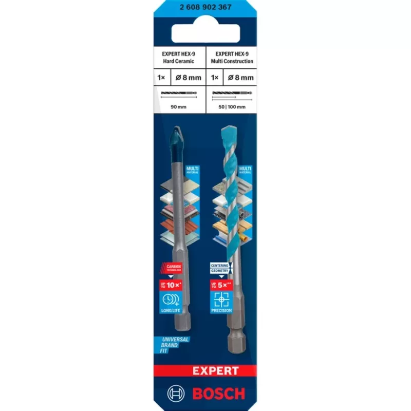 Grąžtų rinkinys Bosch Expert HEX-9 MultiConstruction 8 mm, 2 vnt.