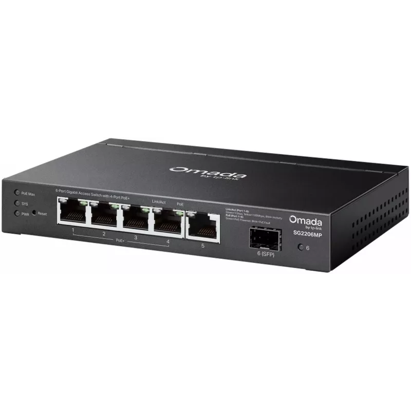 Tinklo komutatorius TP‑LINK SG2206MP L2 Gigabit Ethernet PoE 5 prievadų (5x Gigabit, 1x SFP, PoE+ 4 prievadai, 63W biudžetas)