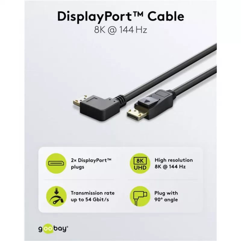 kabelis DisplayPort Plug 90° > DisplayPort Plug, 8K / 144Hz (juodas, 2 Meter, 1 Plug 90° side-angled, 54 Gbit/s, DisplayPort 2.0 / 2.1)