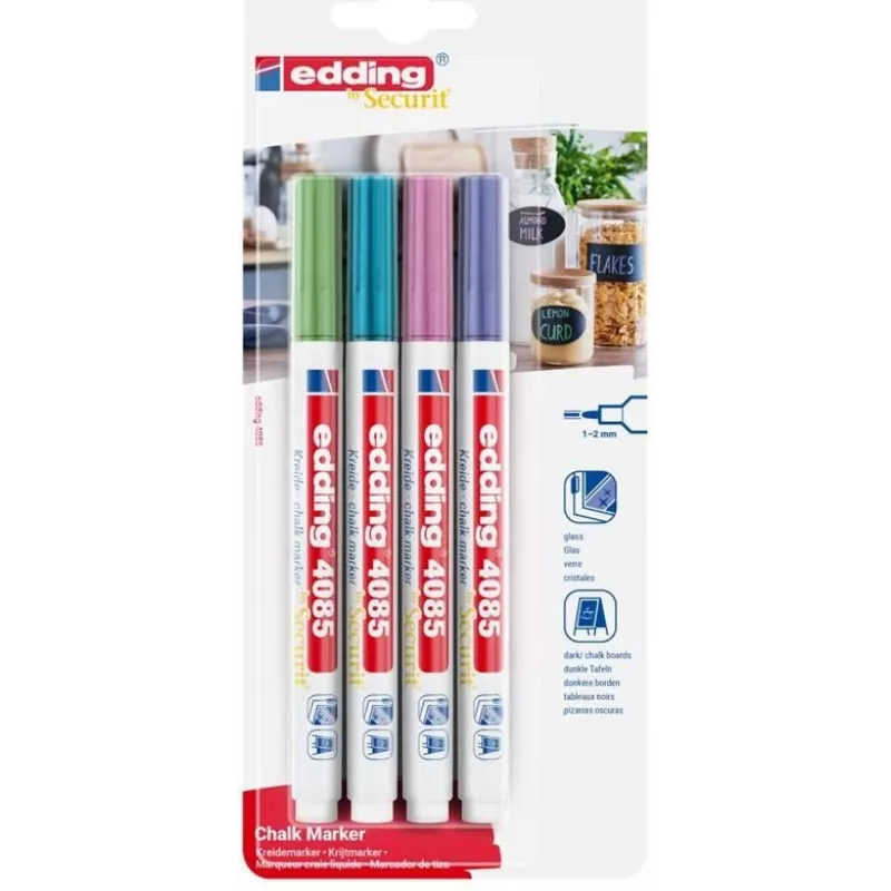 Edding 4085/4W metaliniai kreidiniai žymekliai, 1–2 mm antgalis, 4 vnt. pakuotė