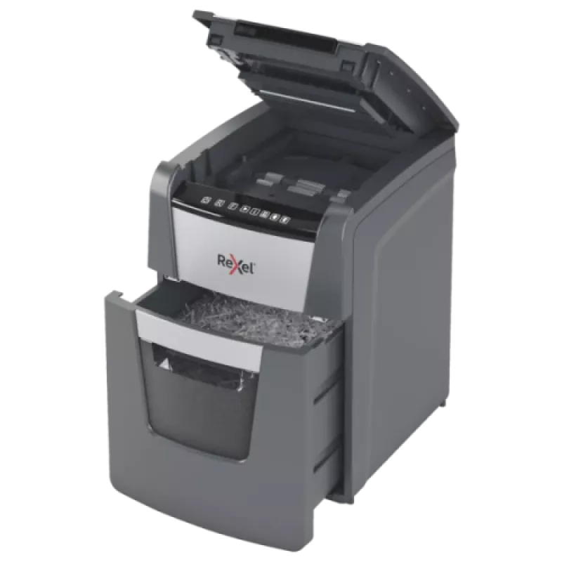 Popieriaus smulkintuvas REXEL Optimum AutoFeed+ 100X — 100 lapų automatinis padavimas, 4 x 28 mm kryžminis pjovimas, 34 L dėžė, aliuminis