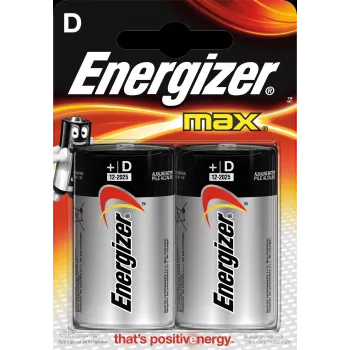 Vienkartinė baterija Energizer MAX D Alkaline 1,5 V, D dydis, 2 vnt., cilindrinė, 139 g, 10 metų tinkamumo laikas