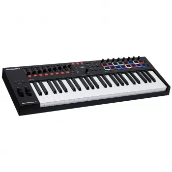 M-Audio Oxygen Pro 49 MIDI klaviatūros valdiklis — 49 klavišai, 16 padeliai, 9 šleifiniai reguliatoriai, OLED ekranas, USB, MIDI išėjimas