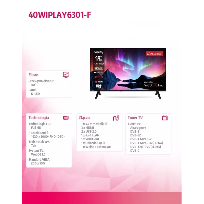 TV LED 40 colių 40WIPLAY6301-F