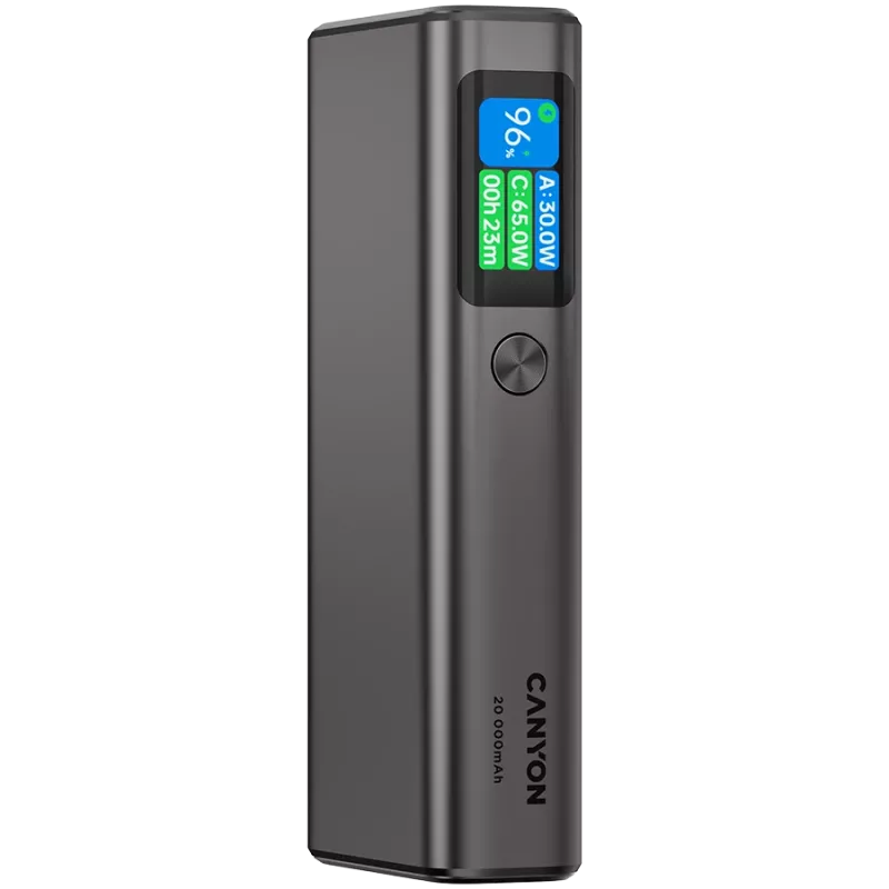 Canyon OnPower 230 TFT išorinė baterija, 20000 mAh, PD 130 W, 2x USB-C + USB-A, metalinis korpusas, tamsiai pilka