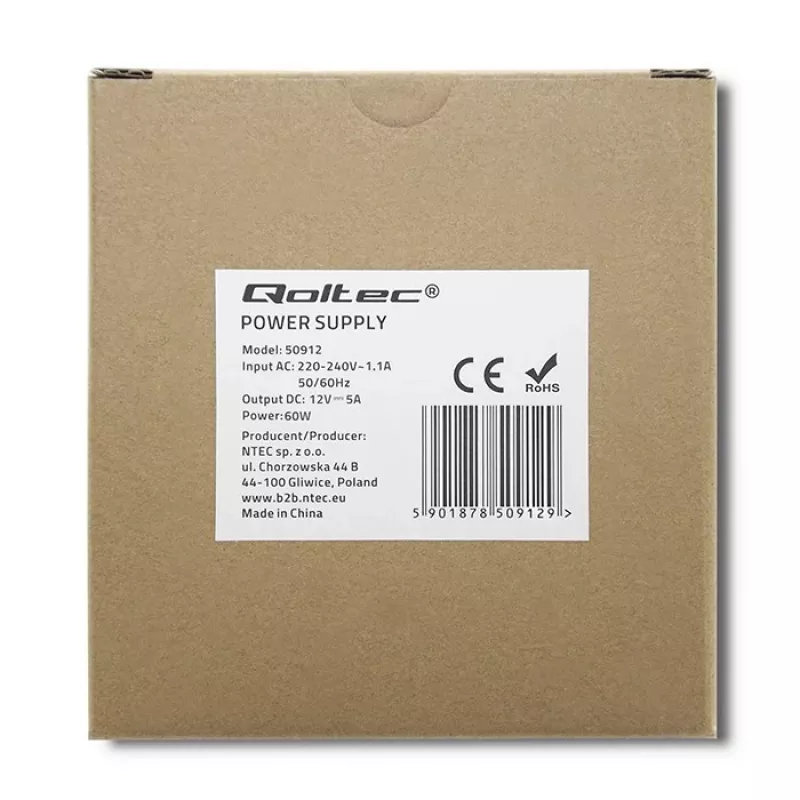 Qoltec DIN bėgio maitinimo šaltinis | 60 W | 12 V | 5 A | Baltas | Plonas