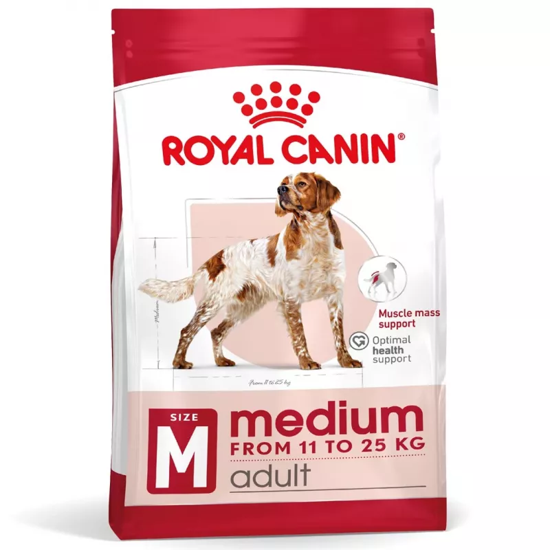 Sausas šunų maistas Royal Canin SHN Medium Adult 15 kg — visavertė mityba suaugusiems vidutinių veislių šunims, paukštiena, 25% baltymų, 14% riebalų
