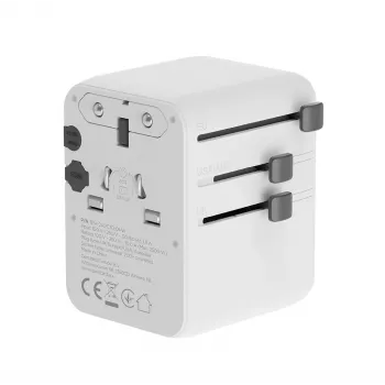 Keliautojų adapteris GEMBIRD TPA-2A3C70-01-W — I tipo kištukas, 3× USB-C (70 W), 2× USB-A (18 W), 100–250 V, baltas