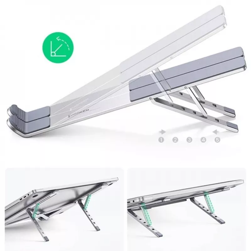 Laptop stovas UGREEN LP451 reguliuojamas aliuminio lydinio 8–17 colių nešiojamiesiems kompiuteriams, 5 padėtys, sidabrinis