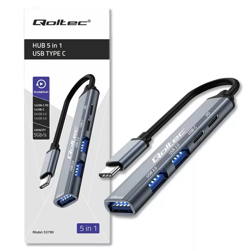 Qoltec 53790 Hub Adapter USB-C 3.1 5in1 | USB-C PD| USB-C | 2x USB 2.0 | USB 3.0