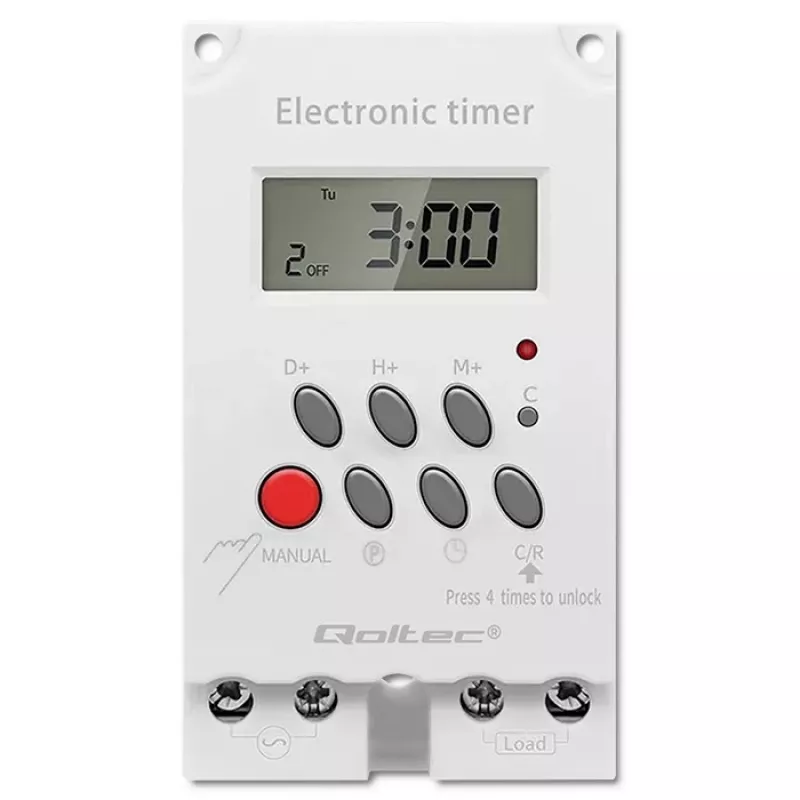 DIN bėgelio elektroninis laikmatis QOLTEC PC0629 — 24V maitinimas, 16A išėjimas