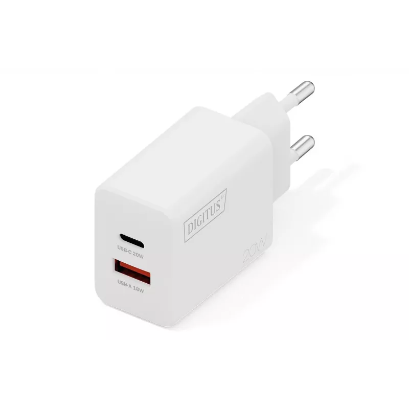 Kintamosios srovės USB įkroviklis DIGITUS 20 W, 1x USB-C, 1x USB-A, įvestis 100–240 V, baltas