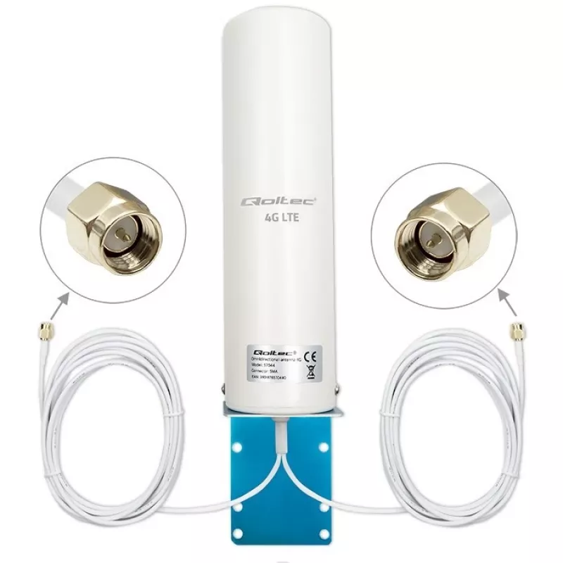 Lauko įvairiakryptė 4G LTE antena QOLTEC 57044, 5 dBi, 600–2700 MHz, 50 W, 50 Ω, baltas varinis korpusas