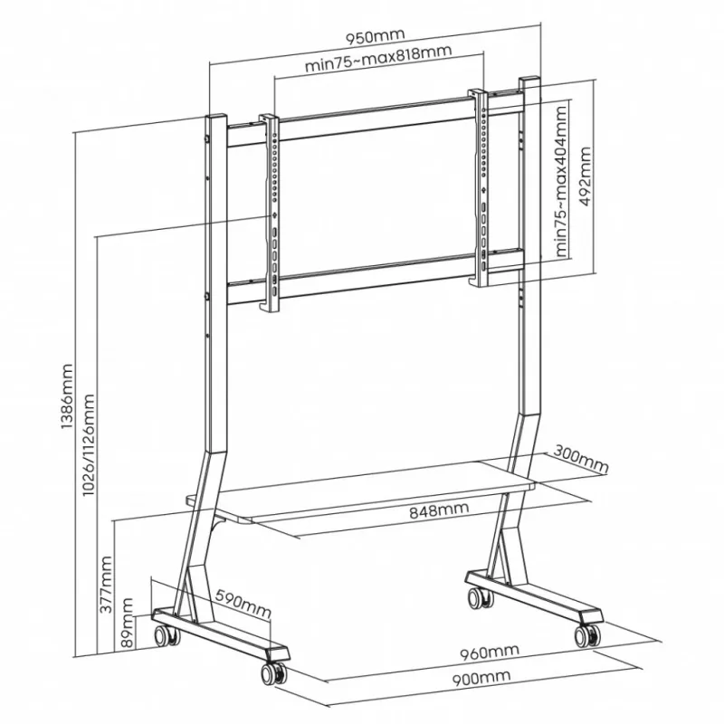 Mobilus TV stovas ART STO SD-22 45–90 colių ekranams, VESA 100×100–800×400, apkrova 60 kg, plienas, ratukai