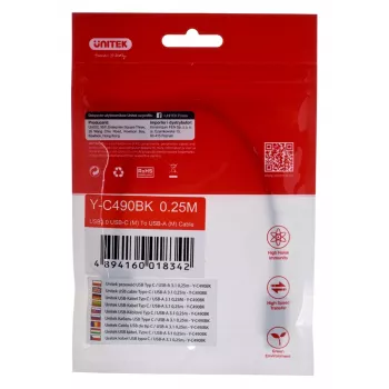 USB-C – USB-A laidas Unitek Y-C490BK 3.1 Gen1 (USB 3.0), 0,25 m, juodas, vyriškas–vyriškas