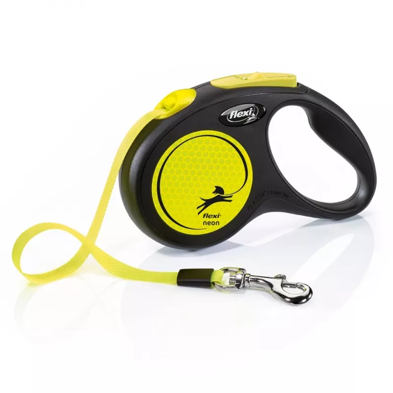 Ištraukiamas pavadėlis Flexi New NEON 5 m - juostinis pavadėlis, mažiems šunims iki 15 kg, juoda/geltona