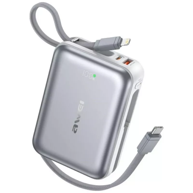 Nešiojama išorinė baterija Awei C03 20000mAh su 45 W išėjimo galia ir integruotu USB-A/USB-C laidu