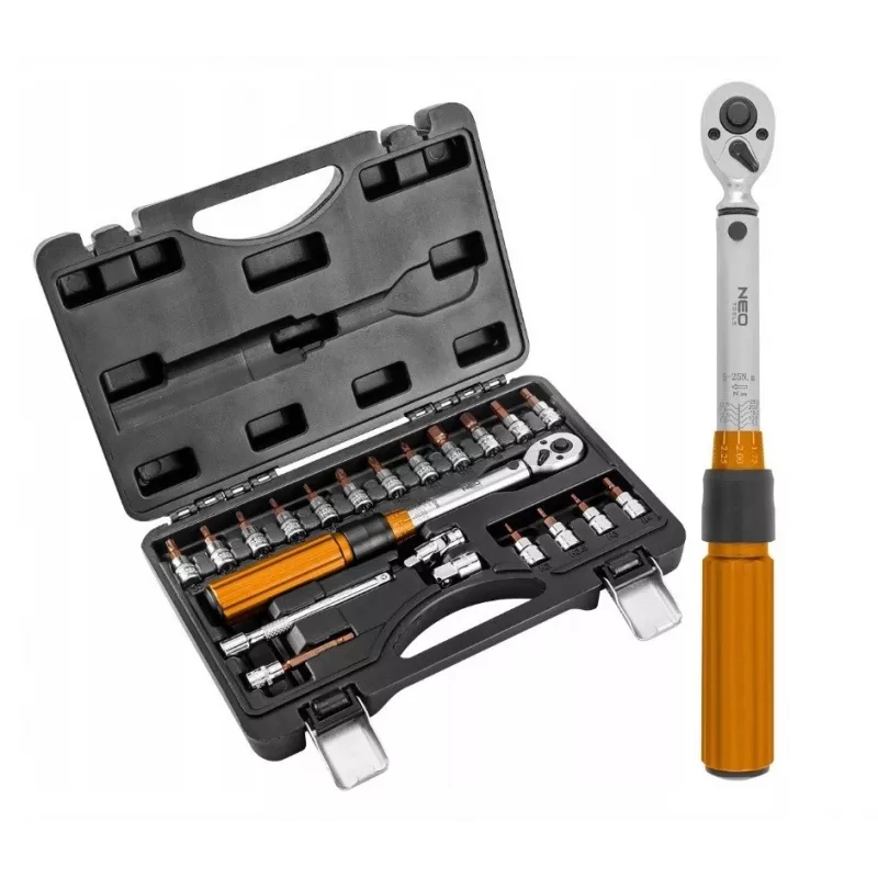 Neo Tools 1/4 abiem kryptimis veikiantis sukimo momento raktas, 5-25NM, 21 vnt. rinkinys