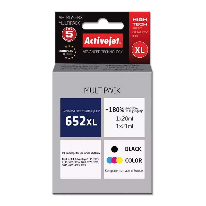 Activejet AH-M652RX rašalas (pakaitalas HP 652 F6V25AE/F6V24AE; Premium; 1 x 20 ml, 1 x 21 ml; juodas, spalvotas)