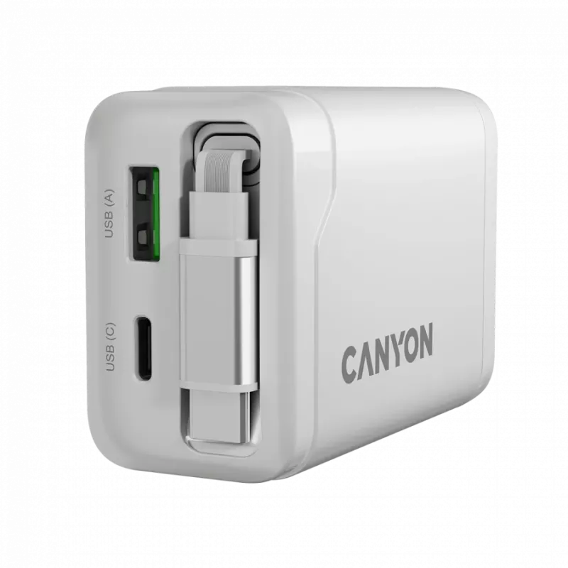 CANYON pakrovėjas OnCharge 65RC su įmontuotu USB-C kabeliu 65W, 1x PD, 1x QC, EU kištukas, Baltas