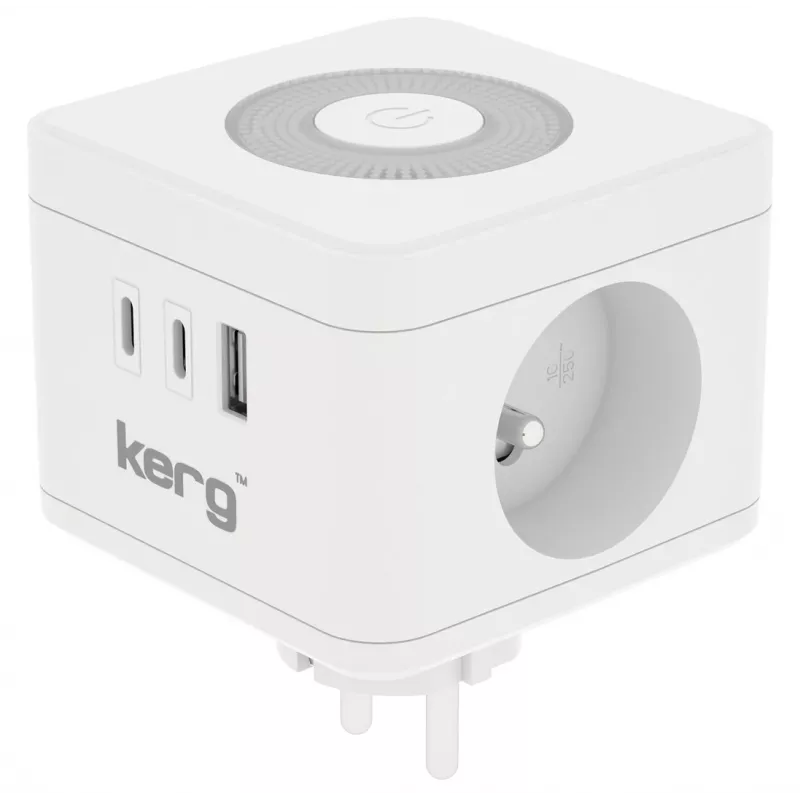 Maitinimo lizdas Kerg M02730 — 2 F tipo lizdai, 3 USB prievadai (USB-A + USB-C), 16A 250V~, 1,5 m laidas, baltas