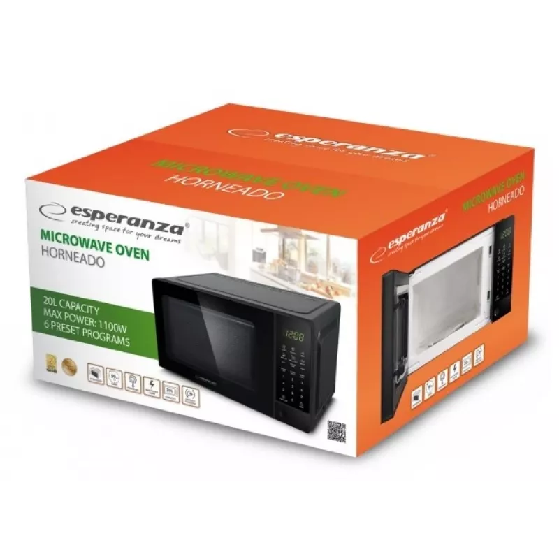 Solo mikrobangų krosnelė ESPERANZA EKO009 — 700 W, 20 L, LED ekranas, jutiklinis valdymas, 24,5 cm stiklinis sukamojo stalo padėklas, juoda