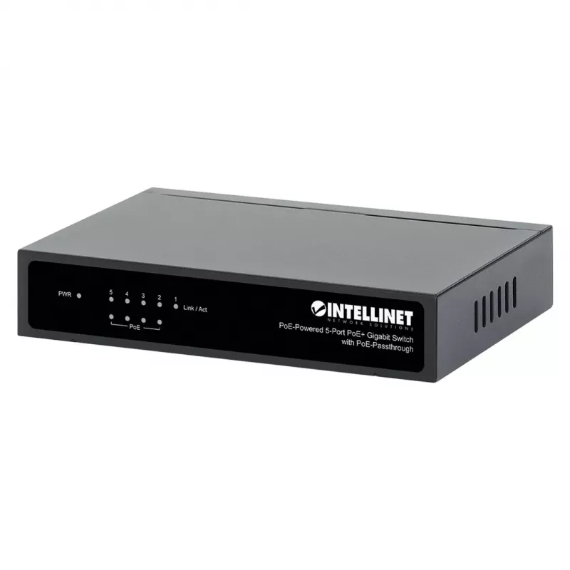 Gigabit 5xPoE praėjimo jungiklis, maitinamas per PoE arba AC, 68W