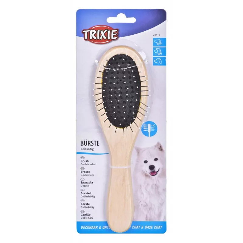 Šunų šepetys Trixie 2315 medinis dvipusis nailoniniai šereliai, medinė rankena, 225×55 mm
