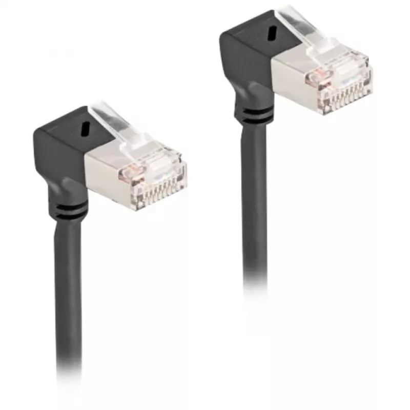 DeLOCK RJ45 tinklo kabelis Cat.6A S/FTP plonas 90° žemyn 2 m juodas