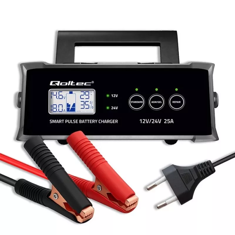 Baterijų įkroviklis QOLTEC 52514 — 12V/24V, 25A, AGM/GEL/SLA baterijoms su LCD ekranu