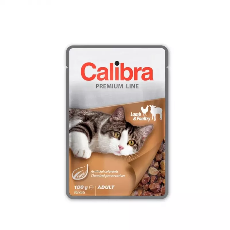 Šlapias kačių maistas Calibra Premium Adult Lamb & Poultry 100 g užsukamame maišelyje, visavertis šlapias maistas, be grūdų