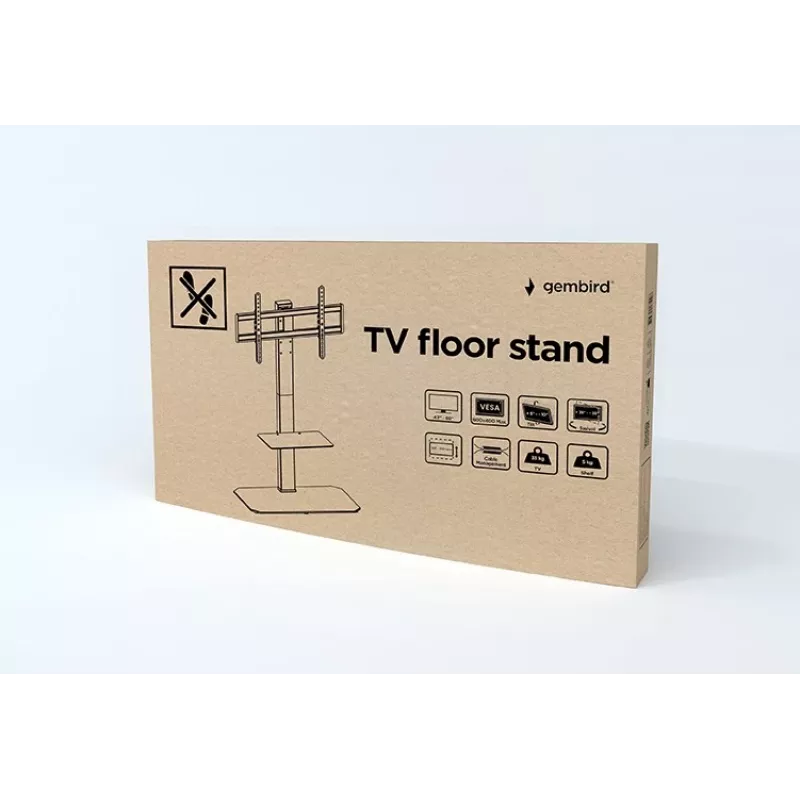 Grindinis televizoriaus stovas GEMBIRD TVS-86ST-01, skirtas 43–86 colių televizoriams, juodas, grūdinto stiklo pagrindas, VESA 100x100–600x400, maks. 60 kg