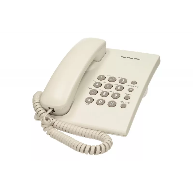Analoginis telefonas Panasonic KX-TS500PDW — 16 mygtukų, baltas, stalinis/sieninis montavimas, 100 įrašų telefonų knyga