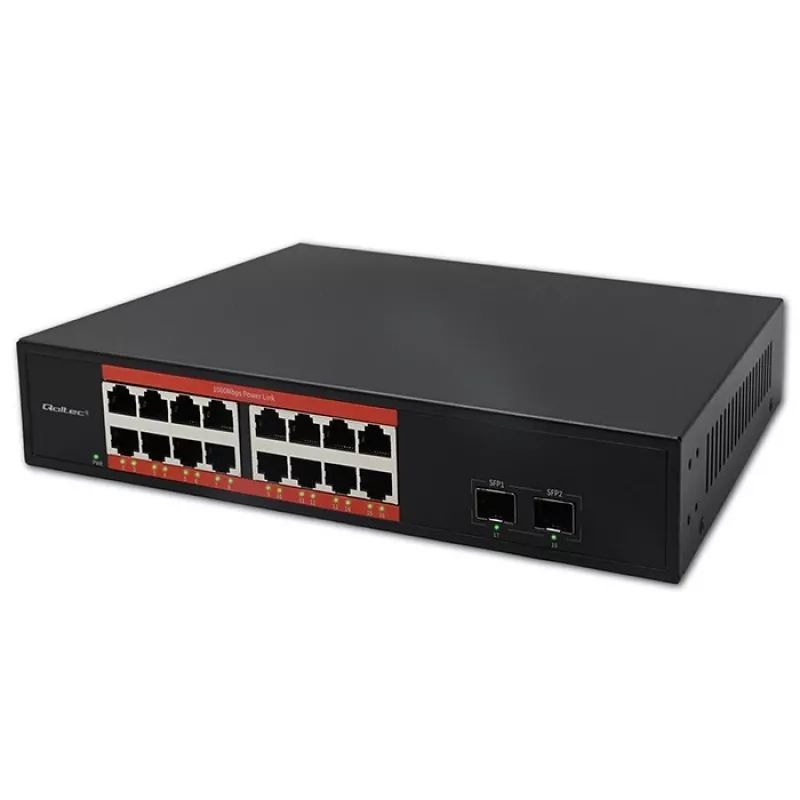 Tinklo komutatorius QOLTEC 52364 — Gigabit Ethernet PoE 16xRJ45, 2xSFP