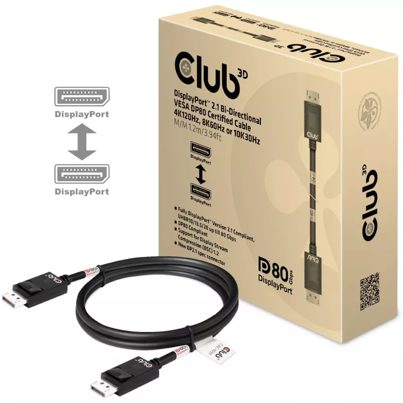 CLUB3D DisplayPort 2.1 dvikryptis VESA DP80 sertifikuotas laidas 4K240Hz, 8K60Hz arba 10K30Hz M/M 1,2 m / 3,94 pėd.