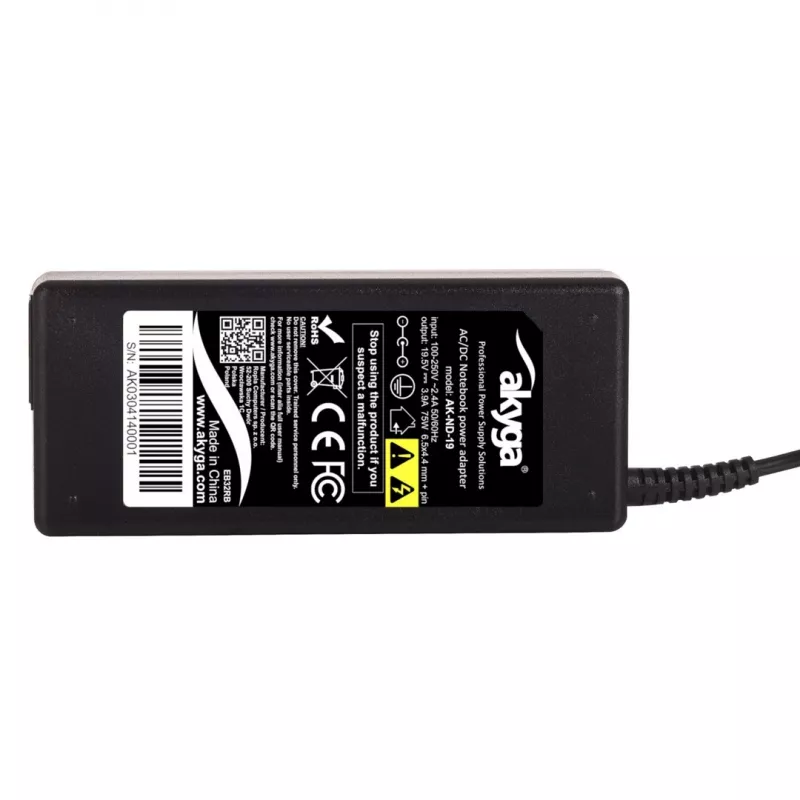Nešiojamojo kompiuterio maitinimo adapteris Akyga AK-ND-19 — 75W, 19,5V, 3,9A, nuo kintamosios srovės prie nuolatinės, juodas