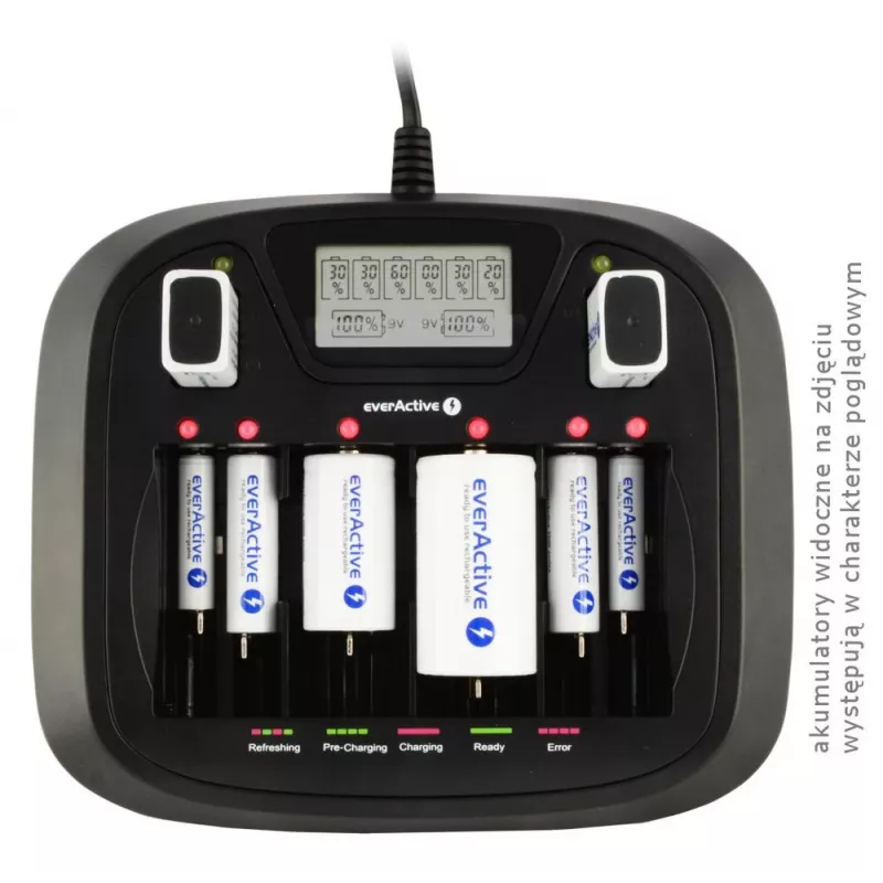 Baterijų įkroviklis everActive NC-900U Universal DC — įkrauna AA, AAA, C, D, 9V, iki 6 elementų, juodas